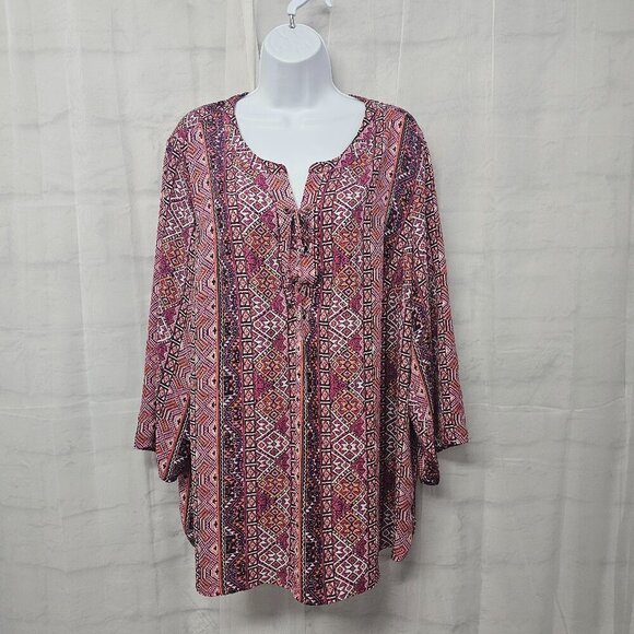 Faded Glory Pink Aztec Boho Tribal Peasant Roll Tab Tunic Blouse 18W/20W - Picture 1 of 11